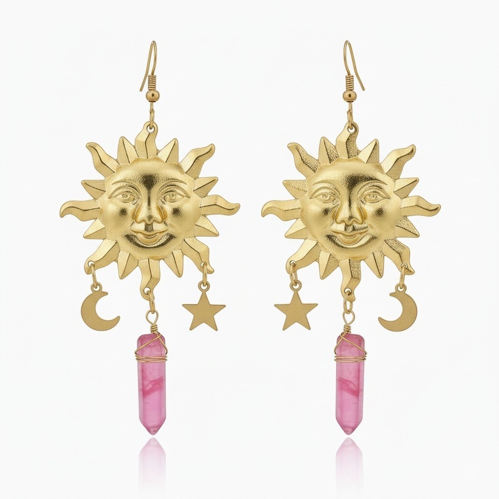 Gold Sun Moon Star Dangle Earrings Pink Quartz Crystal Boho Celestial‎ Earrings